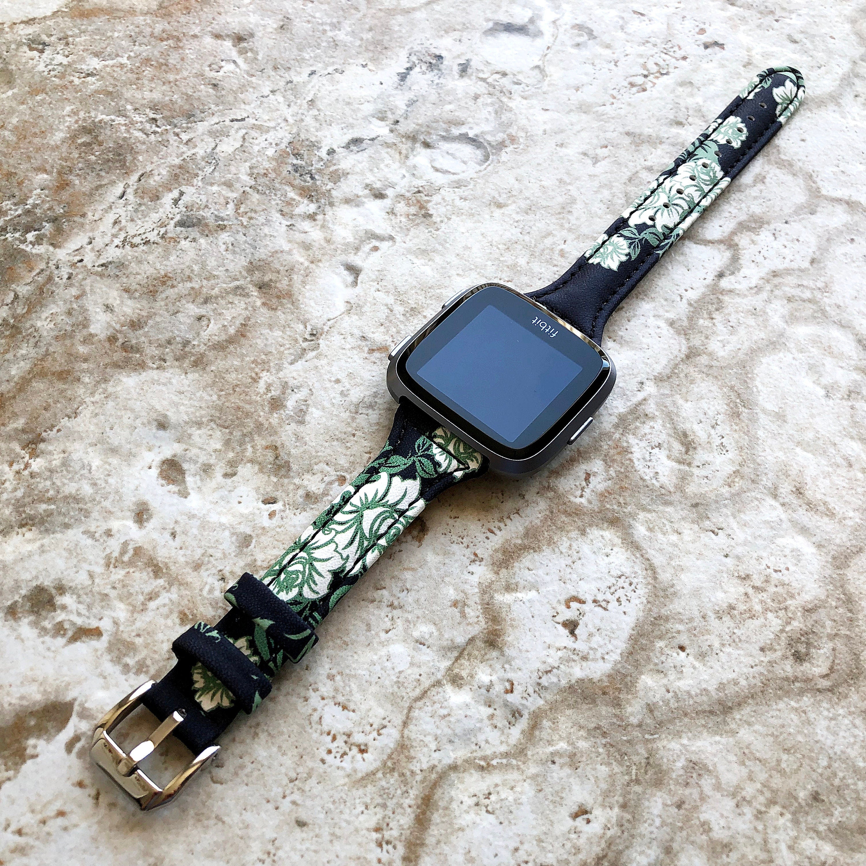 Fitbit Versa Lite 2 3 4 Sense 2 Band W Roses Slim Elegant Leather Strap with Stitching Details Quick Release Pins Adapters Silver Rose Gold